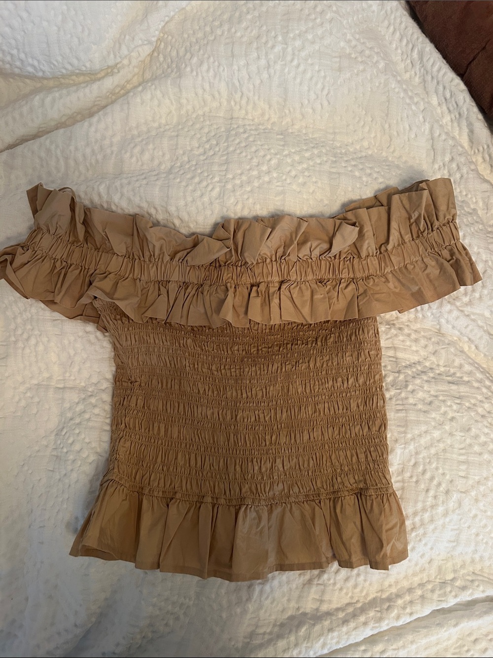Ganni Tan Off-the-Shoulder Ruffle Smocked Blouse
